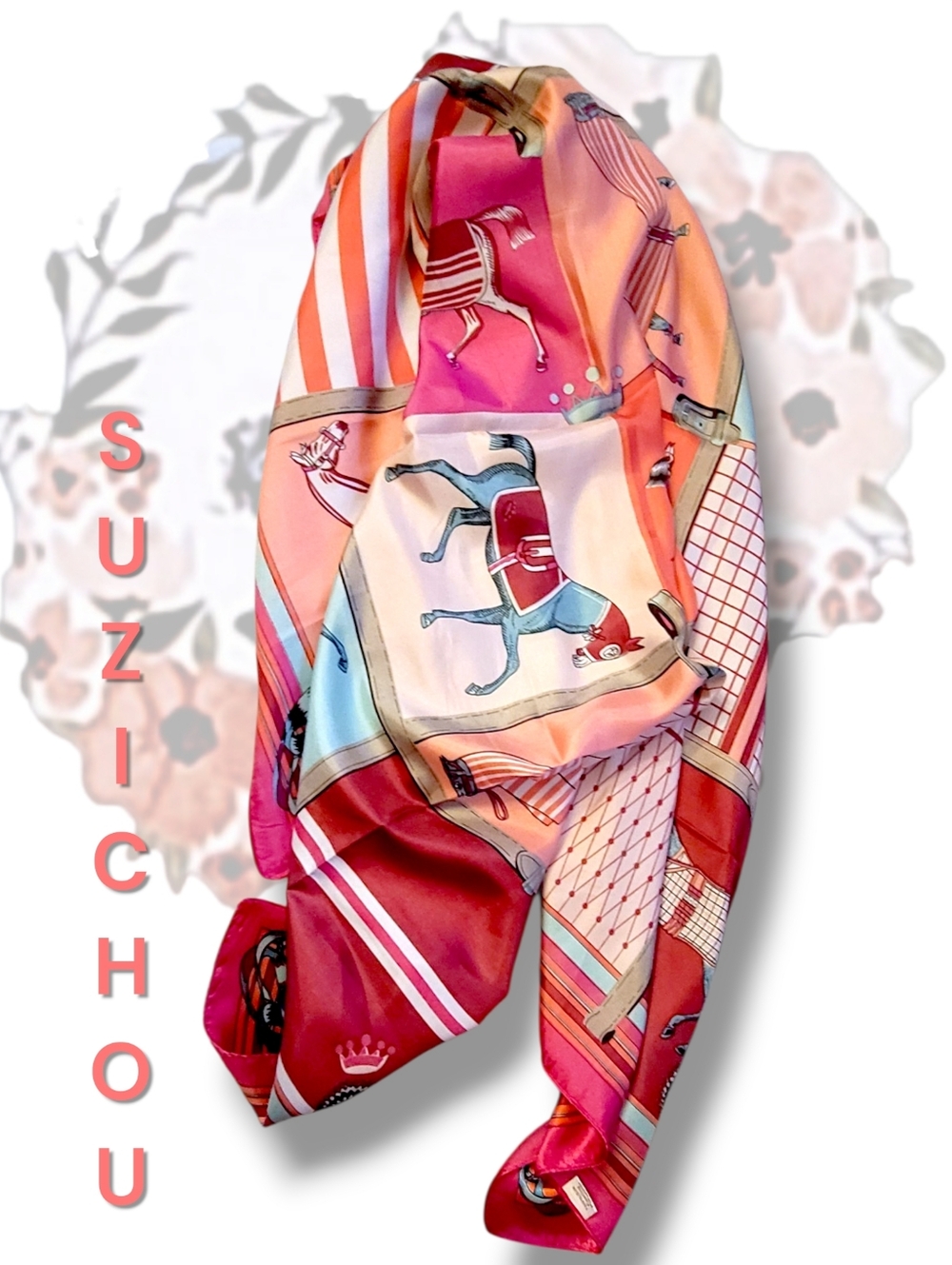Suzhichou Silk  Equestrian Horse Print Scarf - Pink, Coral, Aqua - Picture 6 of 6